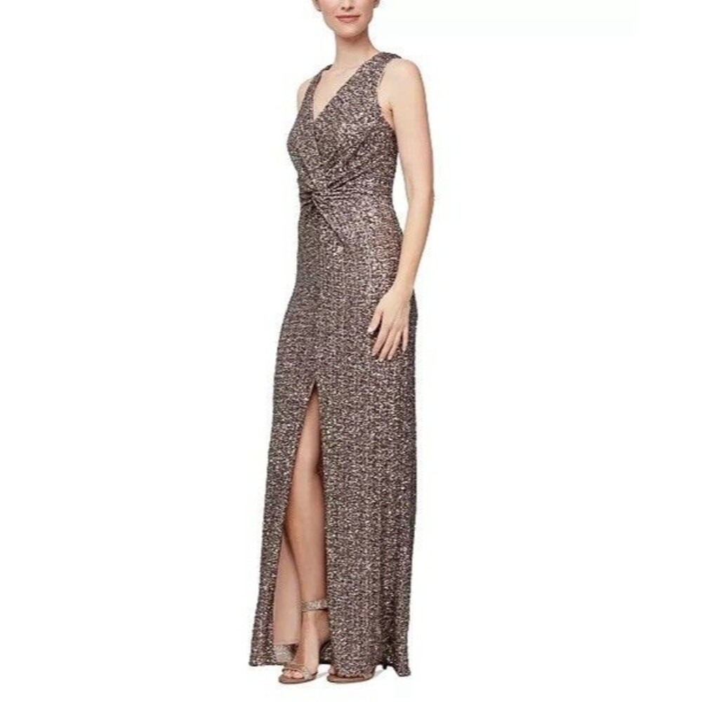 Alex and Eve V Neck Sequined Mocha Slit Knot Sleeveless Formal Evening Gown Sz 6